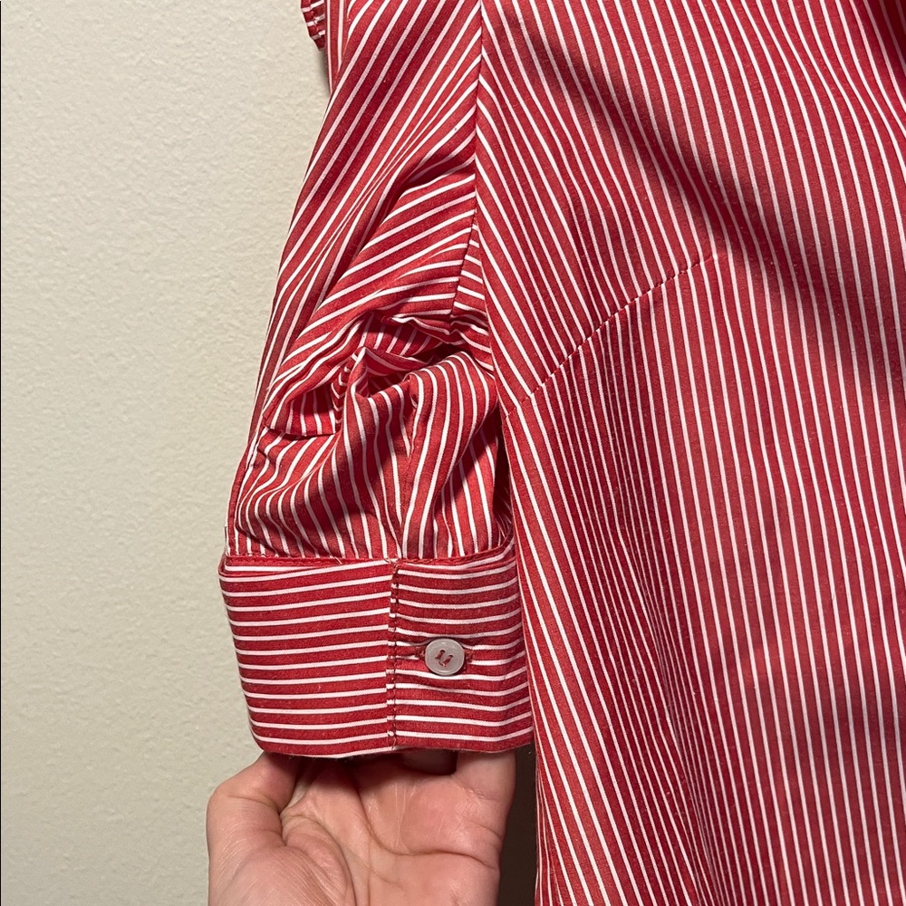 WALTER BAKER Red White Striped Button-Down Short Sleeve Blouse, Ruffle, Size S - Picture 6 of 12
